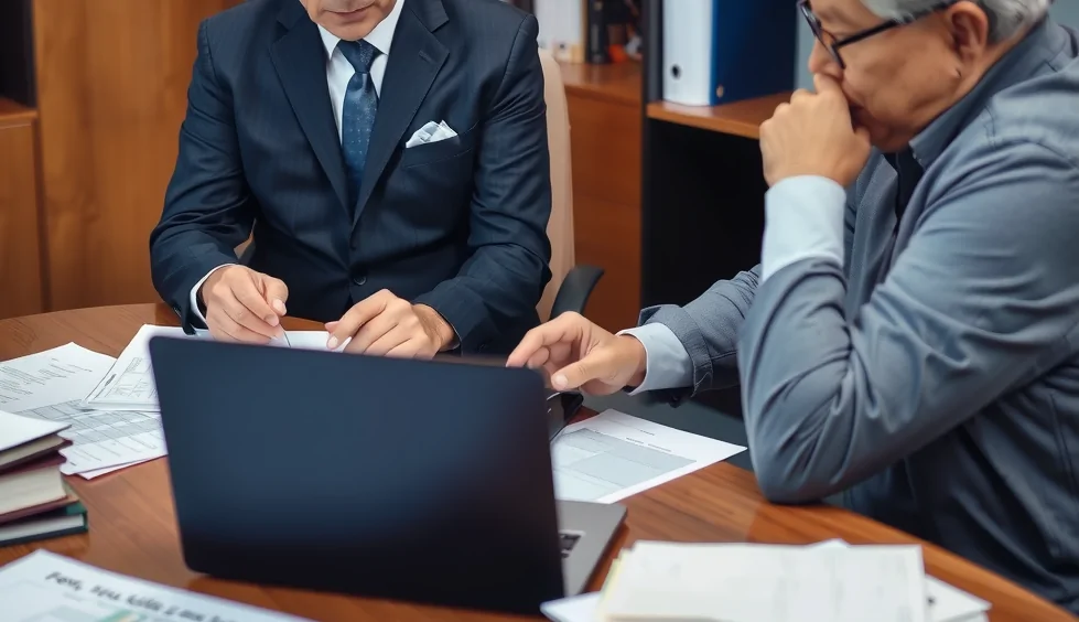 A personal injury lawyer in a professional office, reviewing medical records with a client.