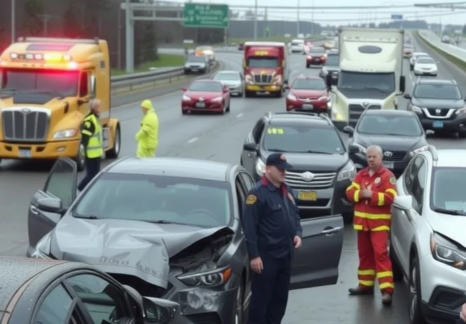 A chaotic multi-vehicle accident scene on a busy Alberta highway